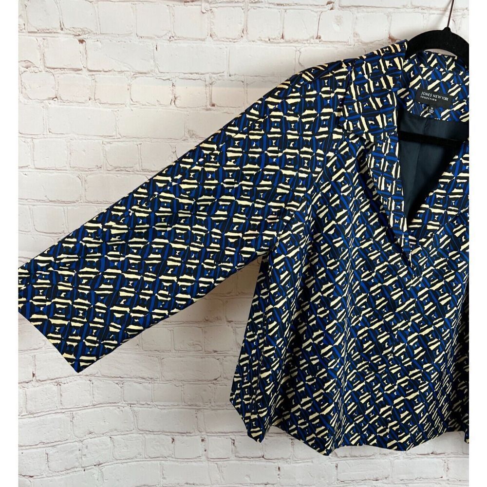 JONES NEW YORK COLLECTION silk twill lined blue yellow black cardigan jacket 12 - Picture 4 of 6